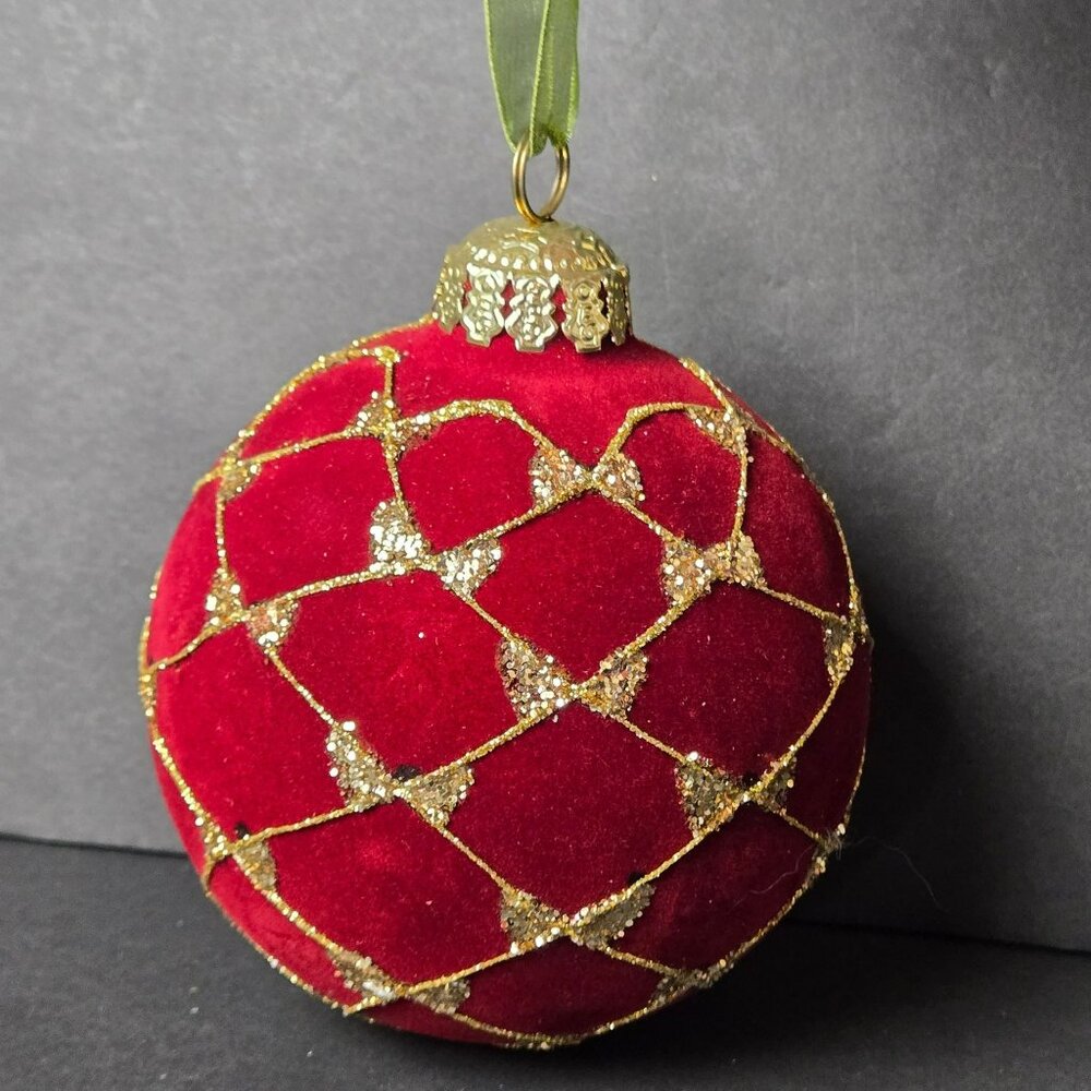 Frontgate Red Velvet Christmas Ornament 4" Gold Glitter Diamond Pattern Elegant